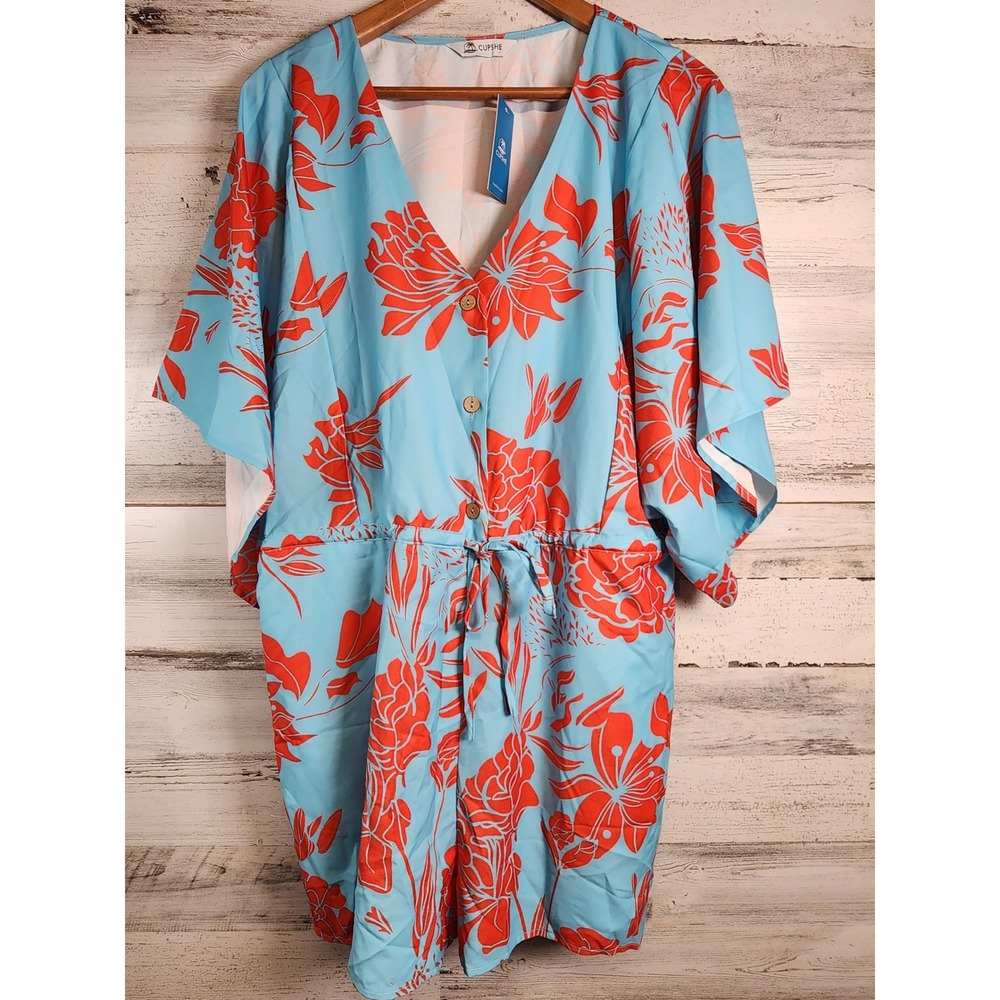 CUPSHE Floral Romper Women Large Blue‎ Red Tropical V-Neck Drawstring NWT